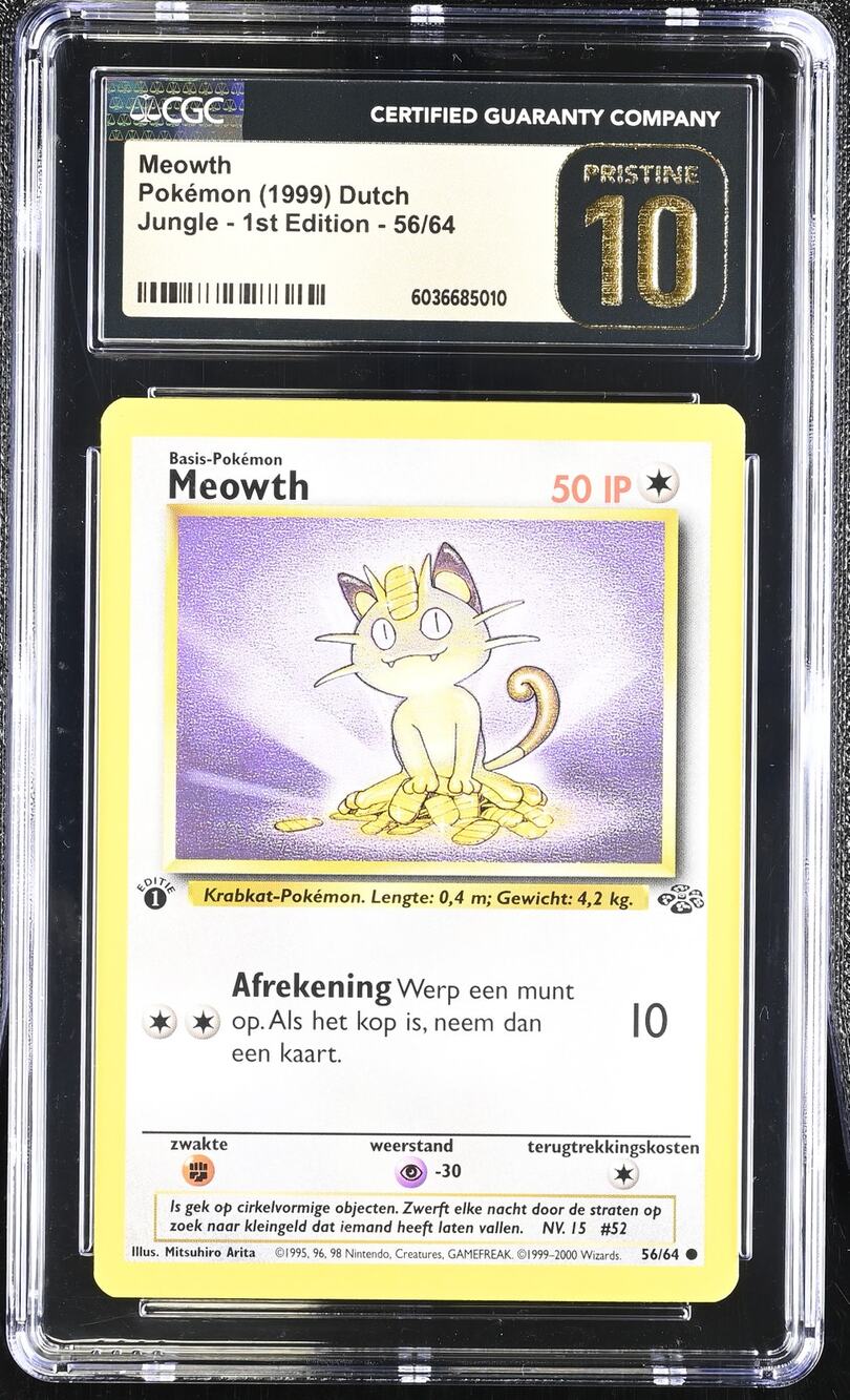 CGC 10 PRISTINE Meowth 1st Edition 56/64 Pokemon Dutch Jungle Set (PSA/BGS)
